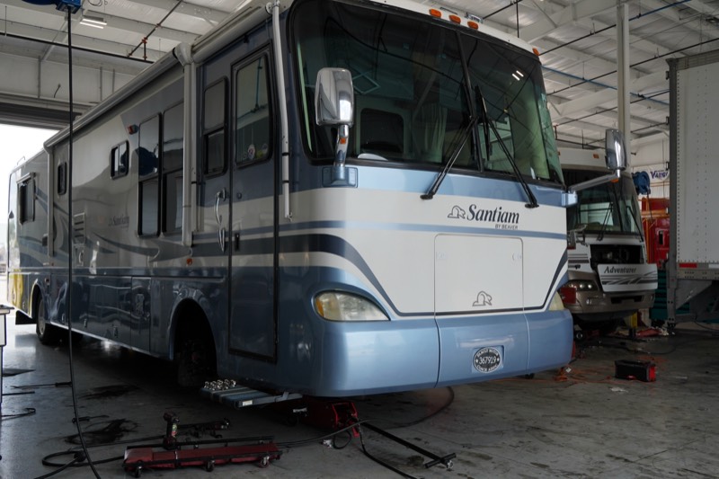 Class A Diesel Pusher RV being serviced in our large bay